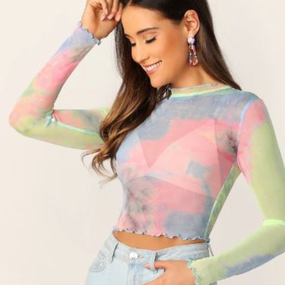 Tops - Tie Dye Crop Transparent Fine Mesh Top